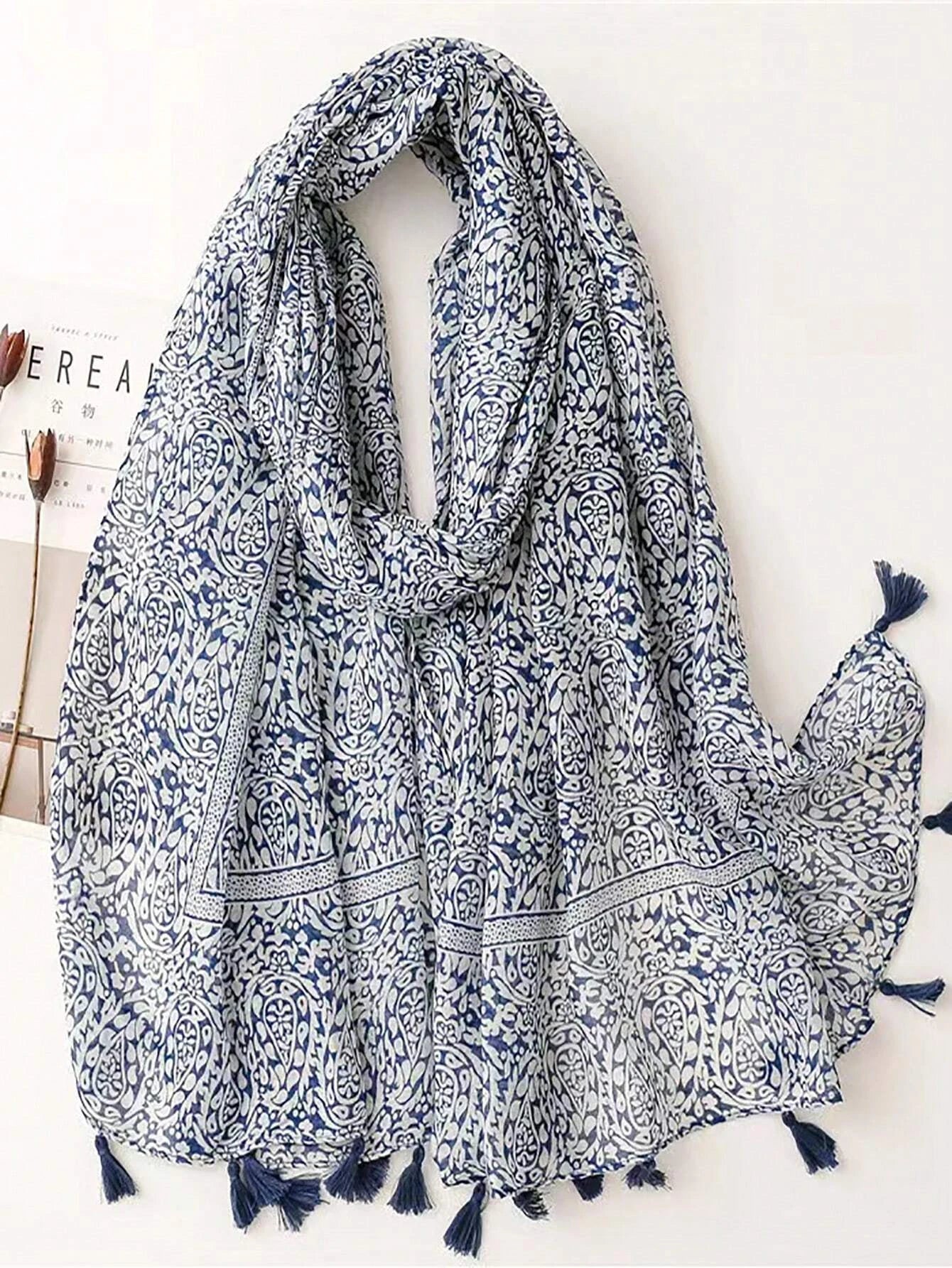 Paisley Blues Tassel Scarf