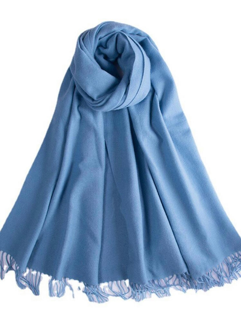 Cornflower Blue Long Shawl Tassel Hem Scarf