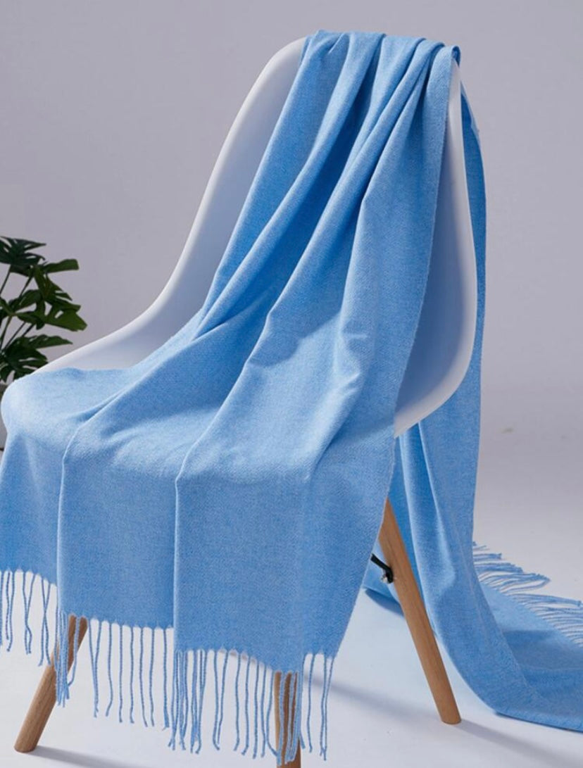 Cornflower Blue Long Shawl Tassel Hem Scarf