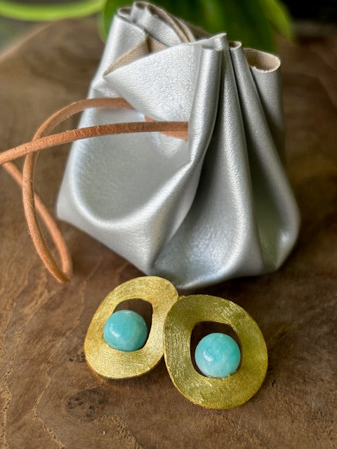 Turquoise Bead Decor Round 925 Silver Earrings ( Gold Plated )