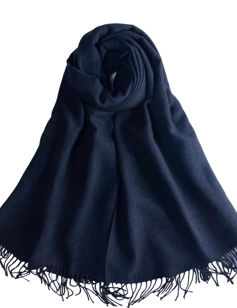 Navy Long Shawl Tassel Hem Scarf