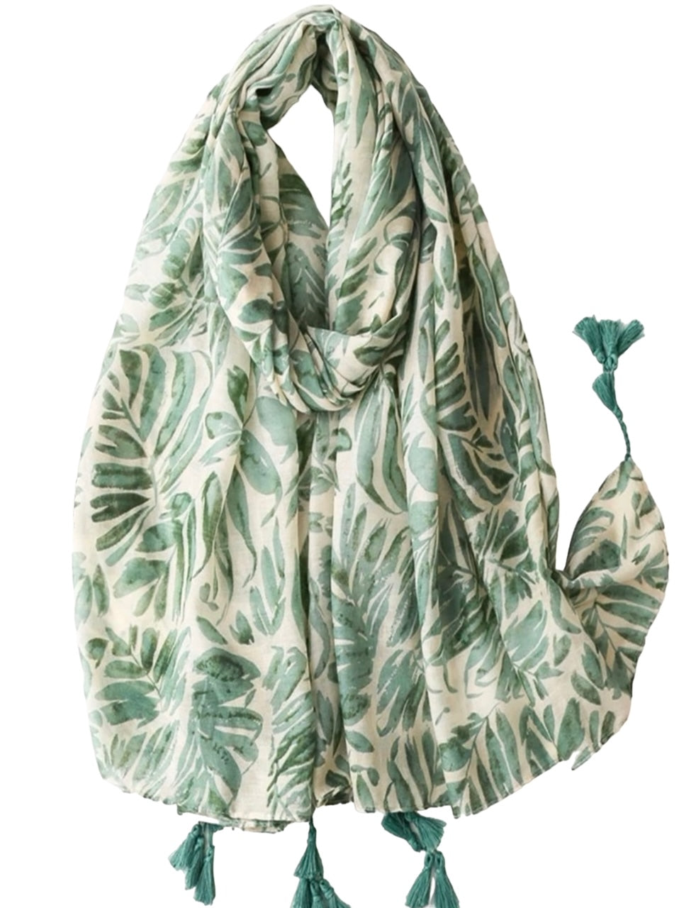 Banana Leaf Print Tassel Trim Boho Scarf - Green