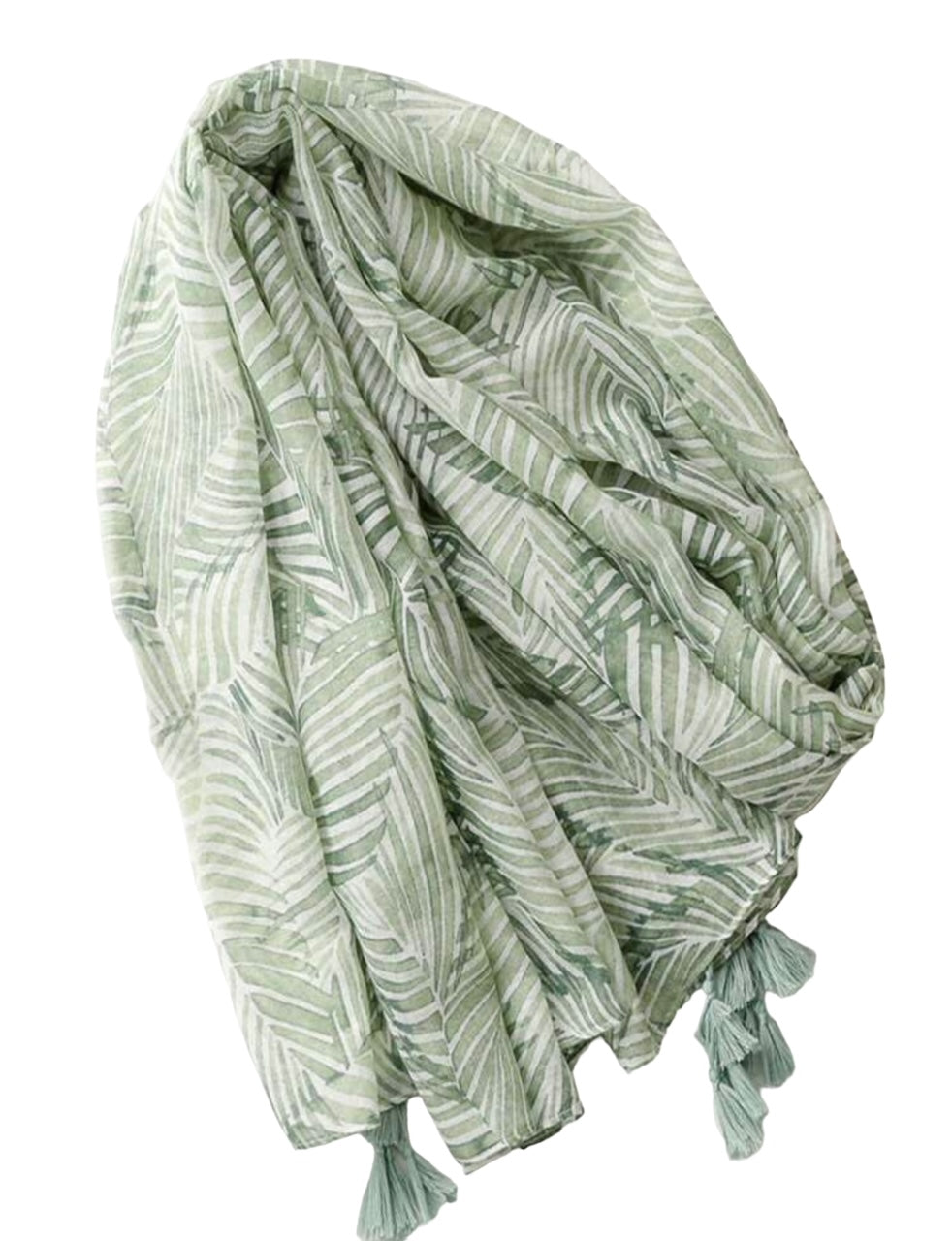 Banana Leaf Print Tassel Trim Boho Scarf - Green