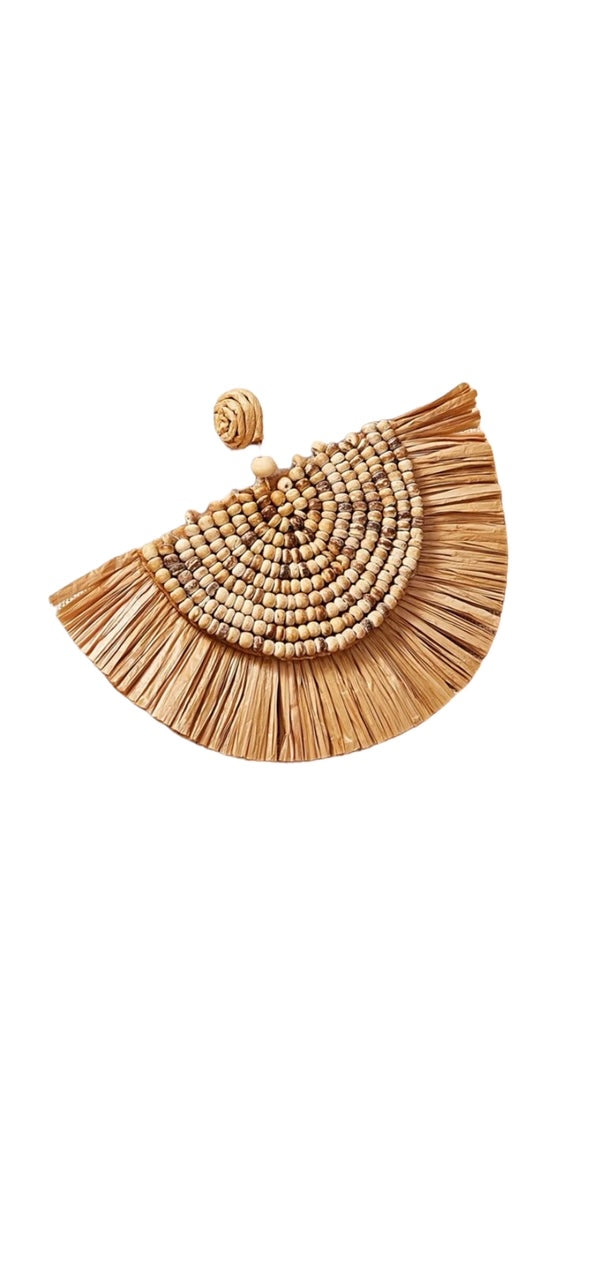 Raffia Beaded Half Moon Earrings - Natural