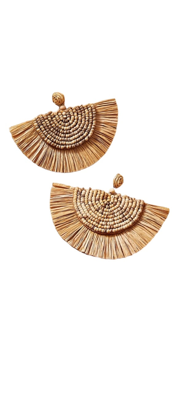 Raffia Beaded Half Moon Earrings - Natural