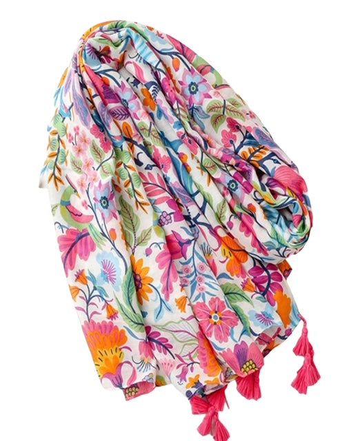 Bright Floral Print Tassel Trim Boho Scarf