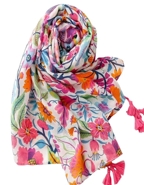 Bright Floral Print Tassel Trim Boho Scarf