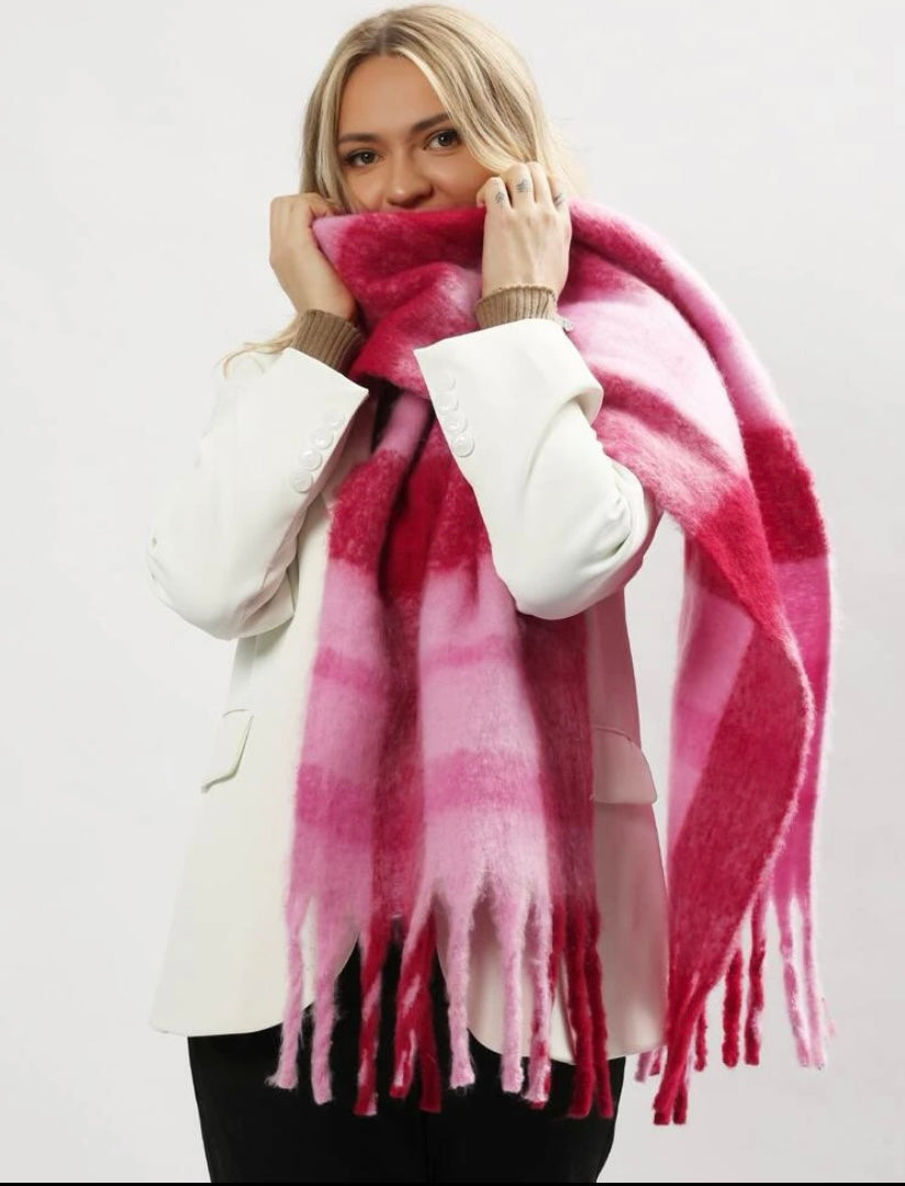 Colour Block Plaid Fringe Hem Scarf - Pink