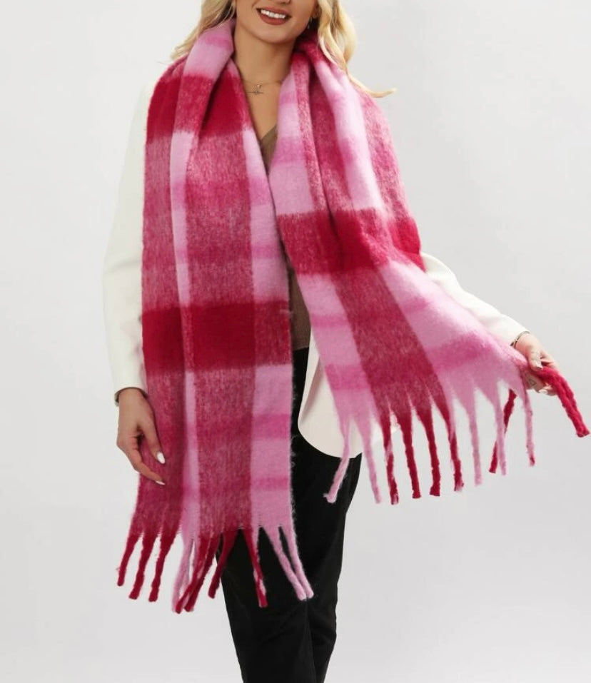Colour Block Plaid Fringe Hem Scarf - Pink
