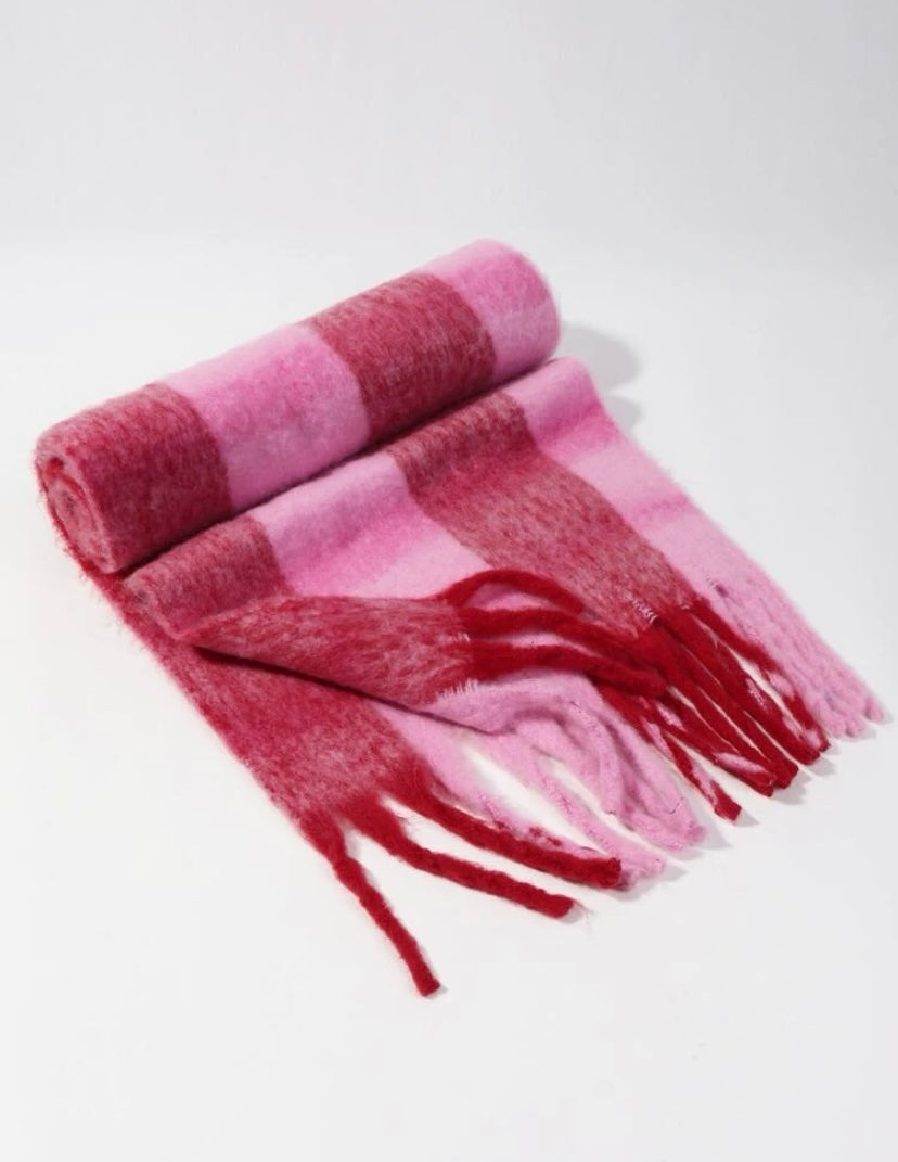 Colour Block Plaid Fringe Hem Scarf - Pink