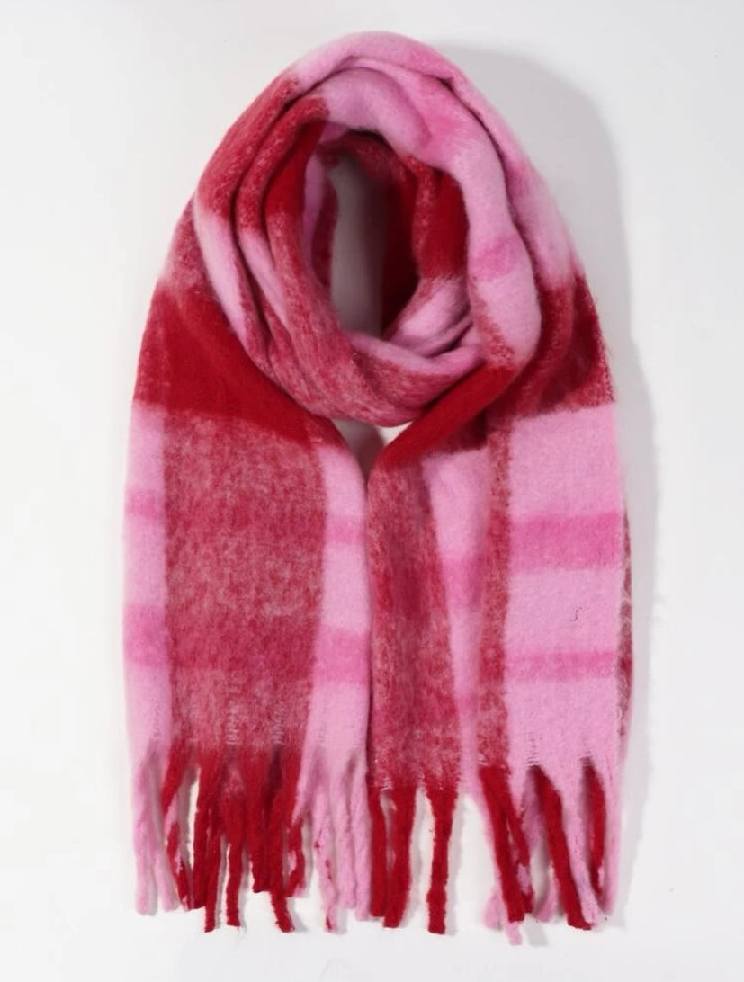 Colour Block Plaid Fringe Hem Scarf - Pink