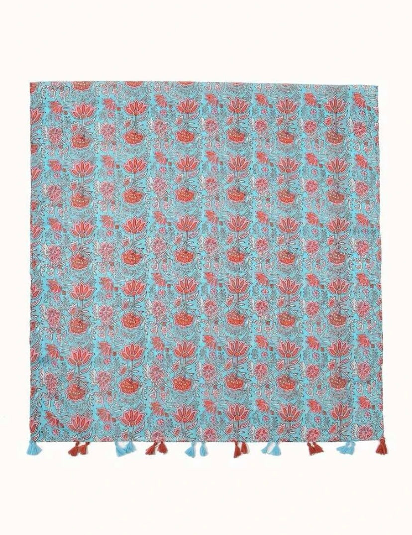 Boho Floral Print Tassel Decor Scarf - Turquoise and Pink