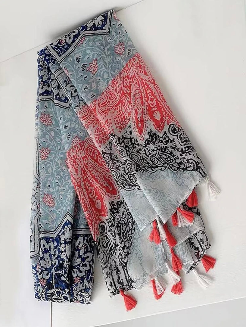Floral Pattern Tassel Decor Scarf - Turquoise, Orange and Blue