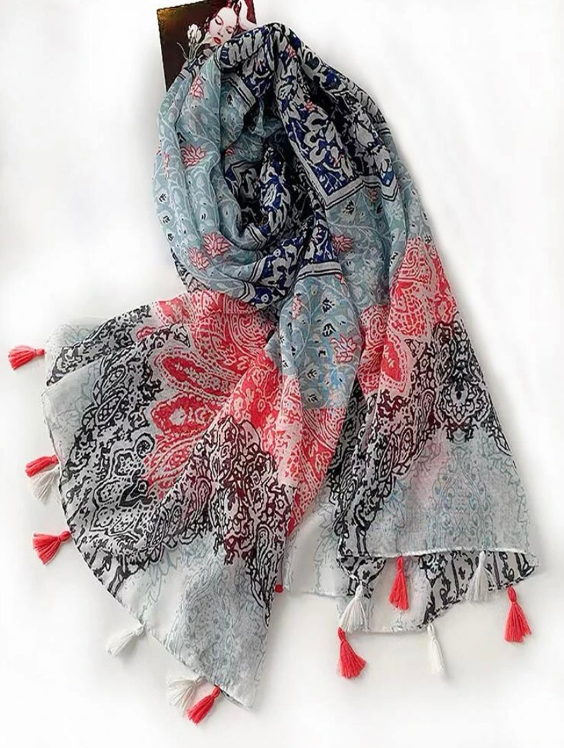 Floral Pattern Tassel Decor Scarf - Turquoise, Orange and Blue