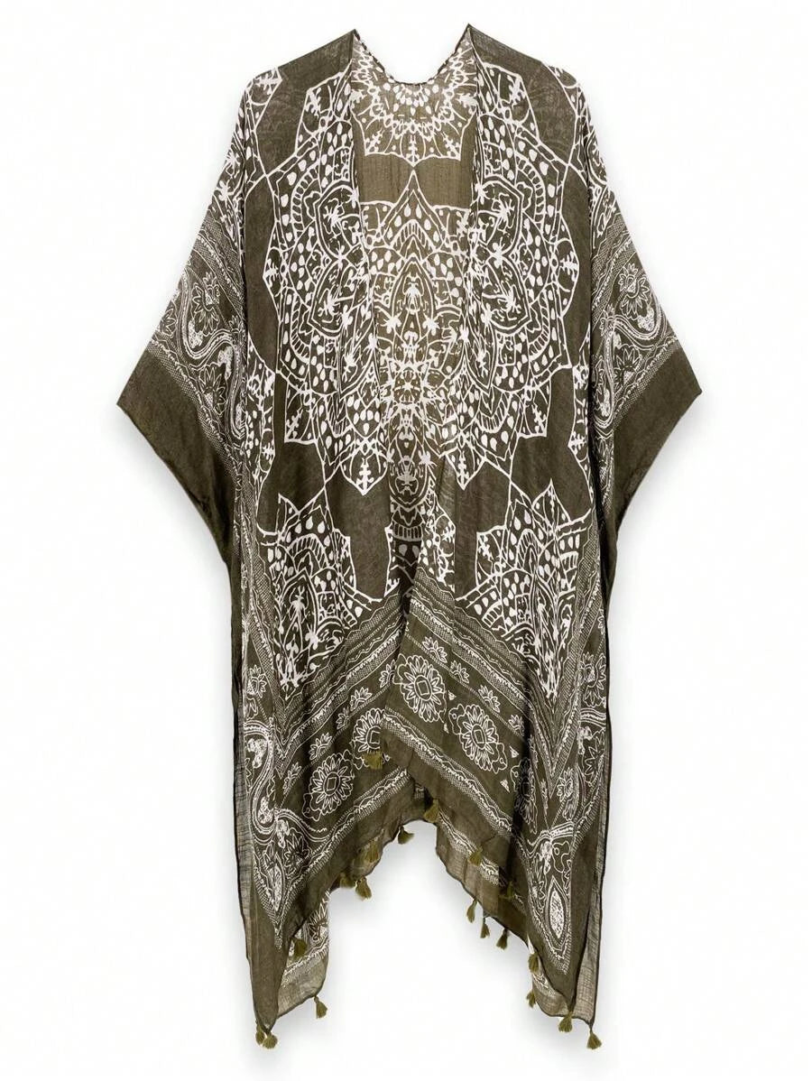 Tassel Trim Kimono - Green