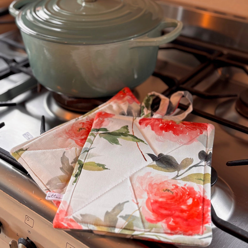 kate cotton oven mitts - peony rose print