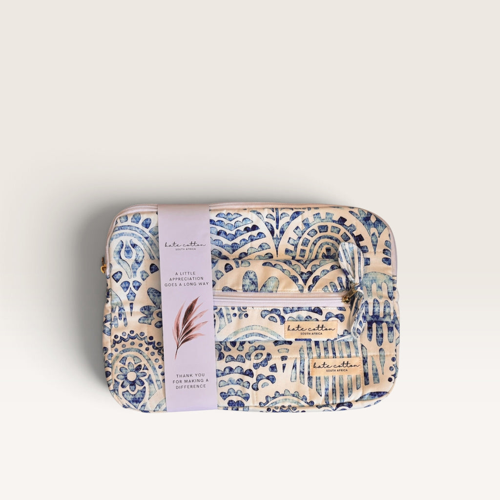 kate Cotton padded quilted 12" laptop sleeve & pencil case set - coastal blues