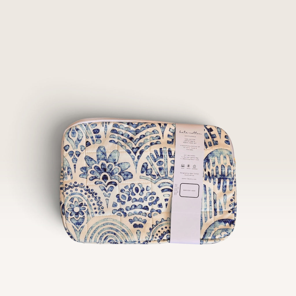 kate Cotton padded quilted 12" laptop sleeve & pencil case set - coastal blues