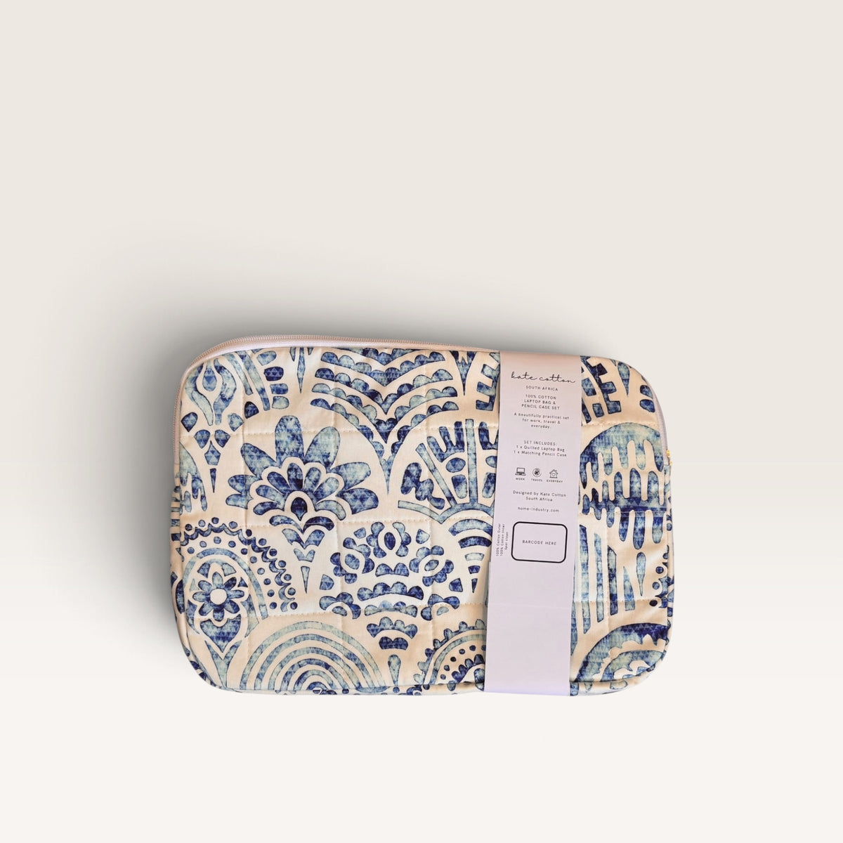 kate Cotton padded quilted 12" laptop sleeve & pencil case set - coastal blues