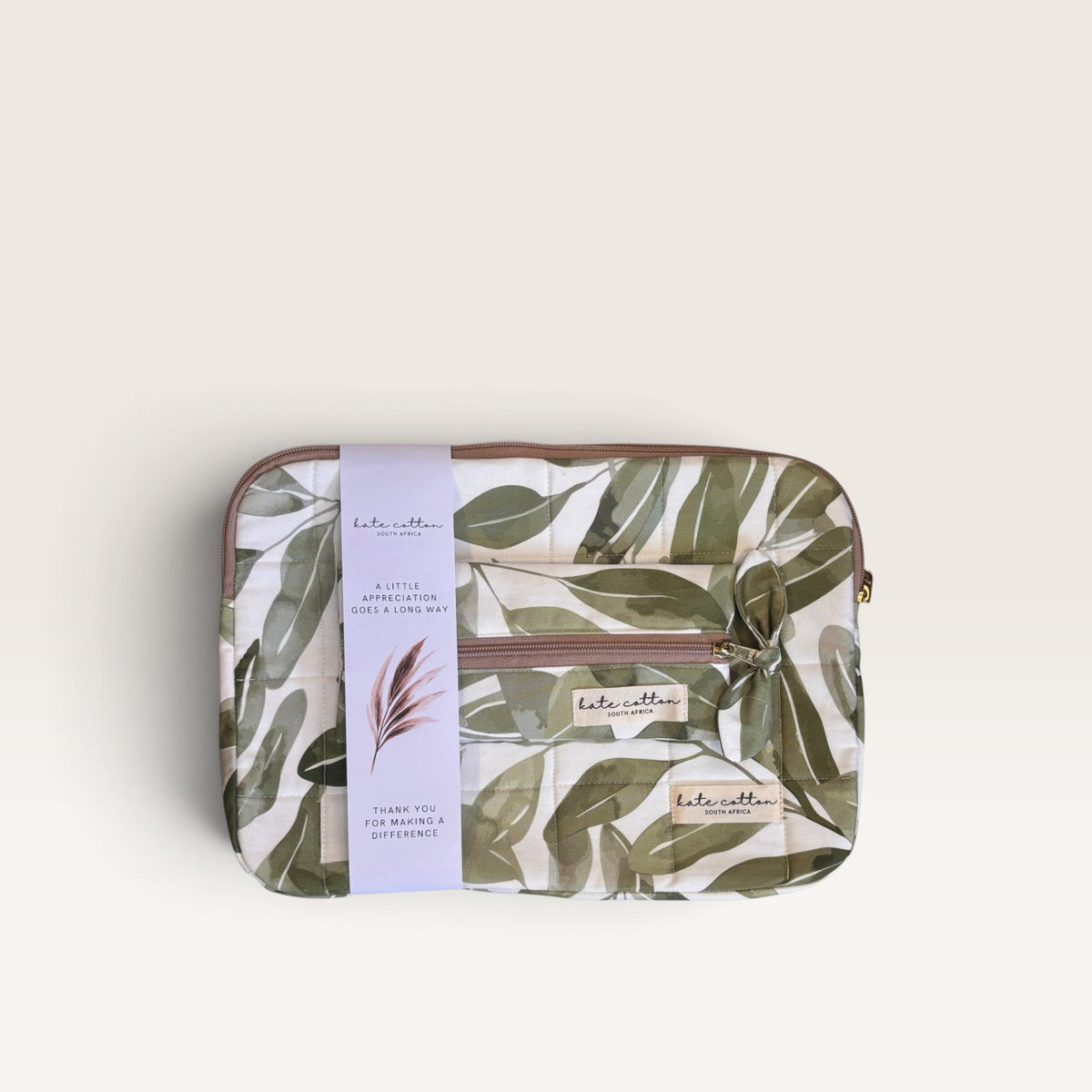 kate Cotton padded quilted 12" laptop sleeve & pencil case set - green leaf