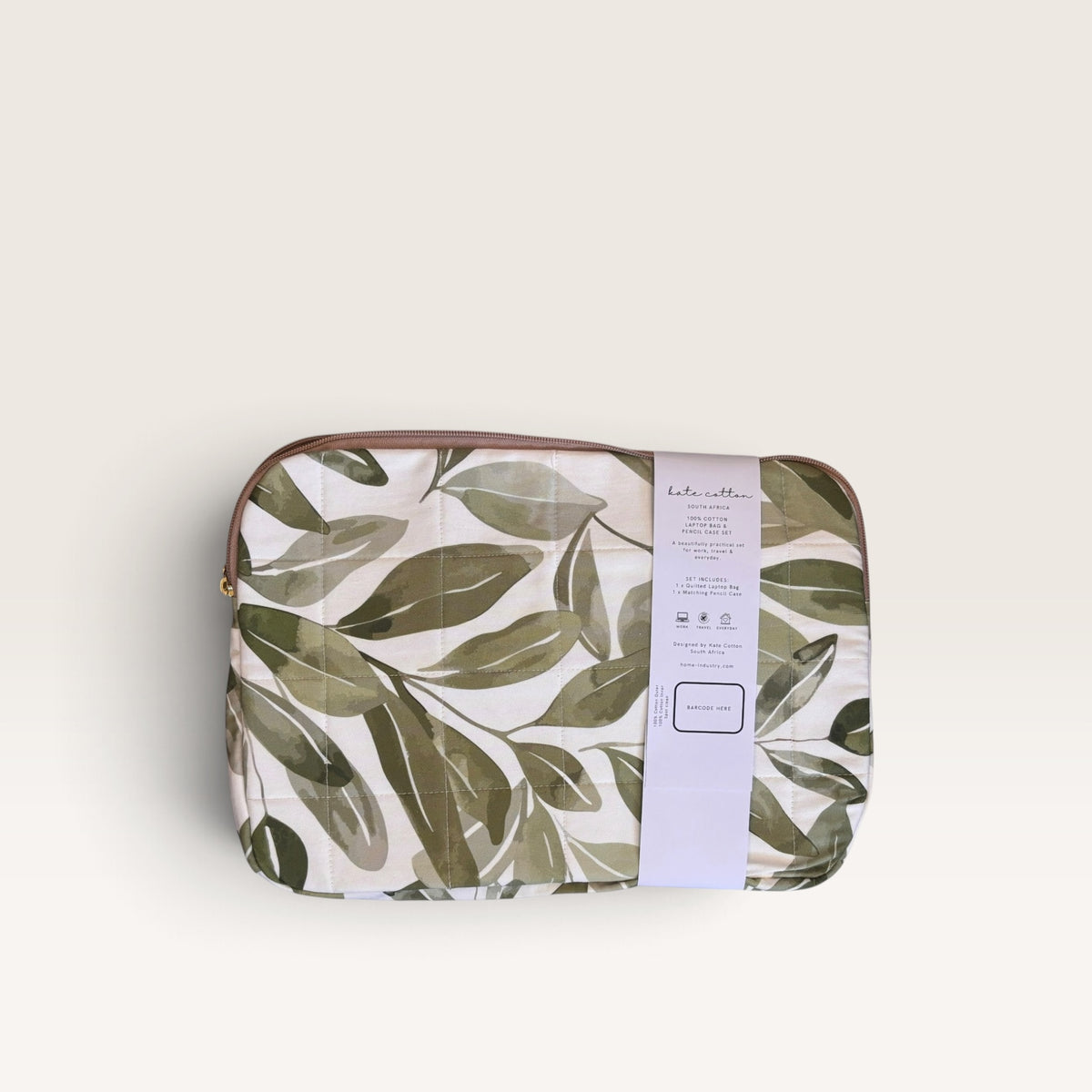kate Cotton padded quilted 12" laptop sleeve & pencil case set - green leaf