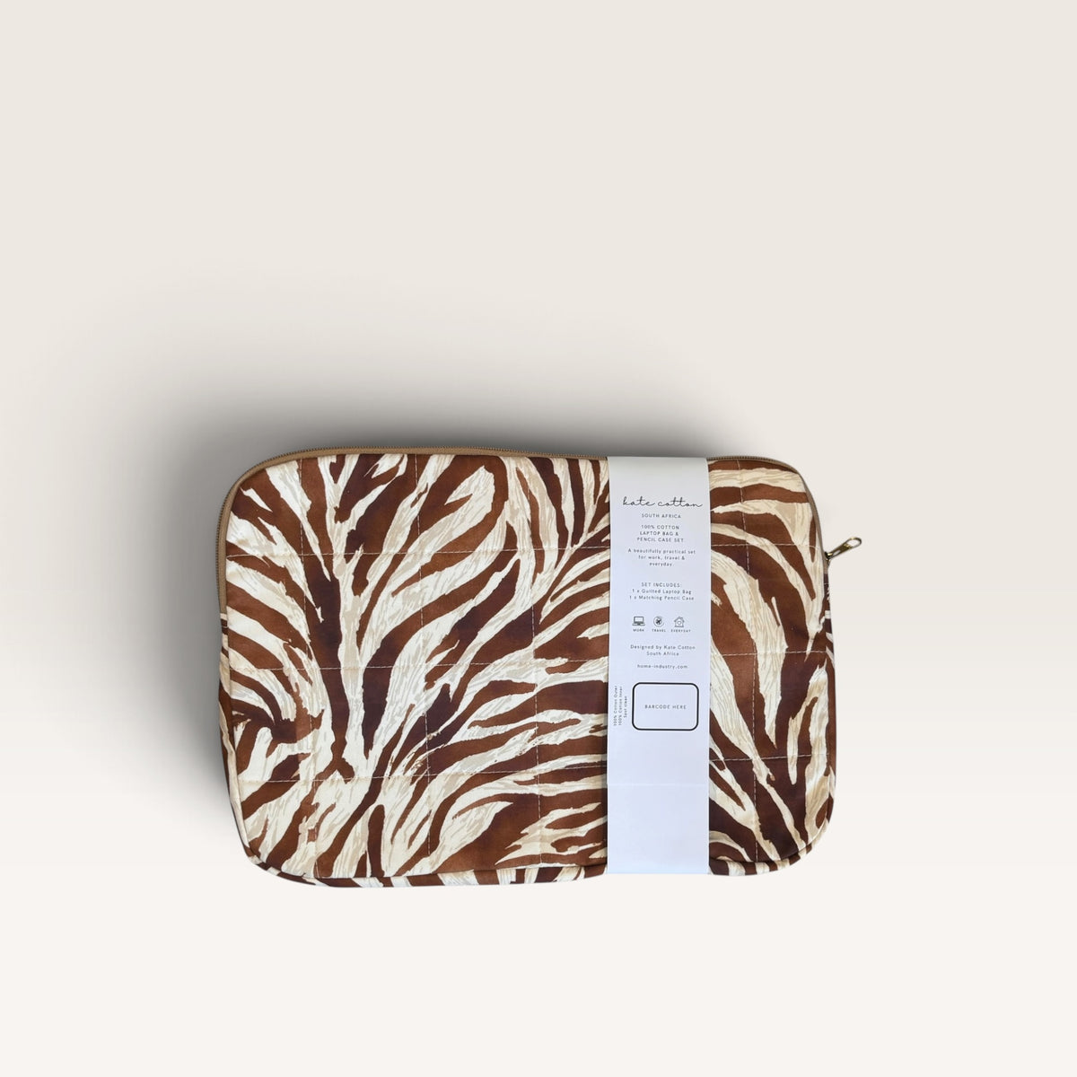 kate Cotton padded quilted 12" laptop sleeve & pencil case set - safari browns
