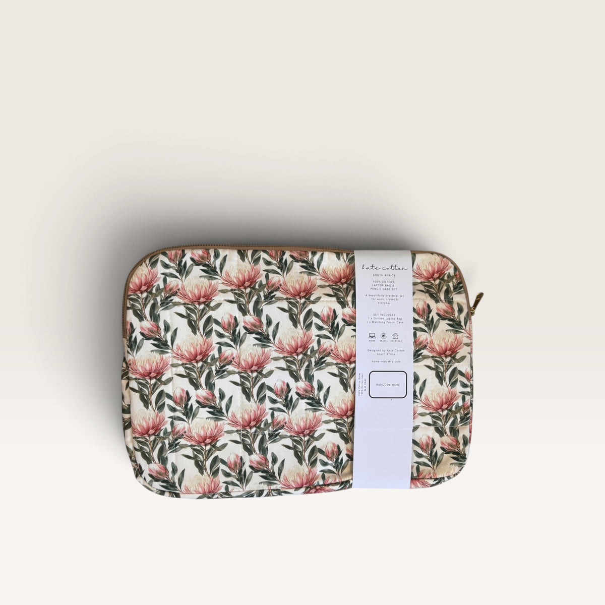 kate Cotton padded quilted 12" laptop sleeve & pencil case set - protea