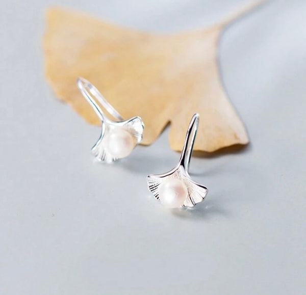 Ginkgo Biloba Pearl 925 Silver Earrings