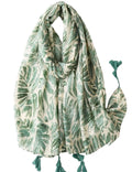 Banana Leaf Print Tassel Trim Boho Scarf - Green
