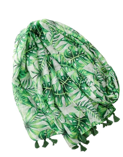 Tropical Banana Leaf Print Tassel Trim Boho Scarf - Green