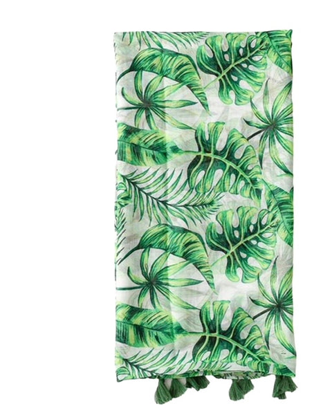 Tropical Banana Leaf Print Tassel Trim Boho Scarf - Green