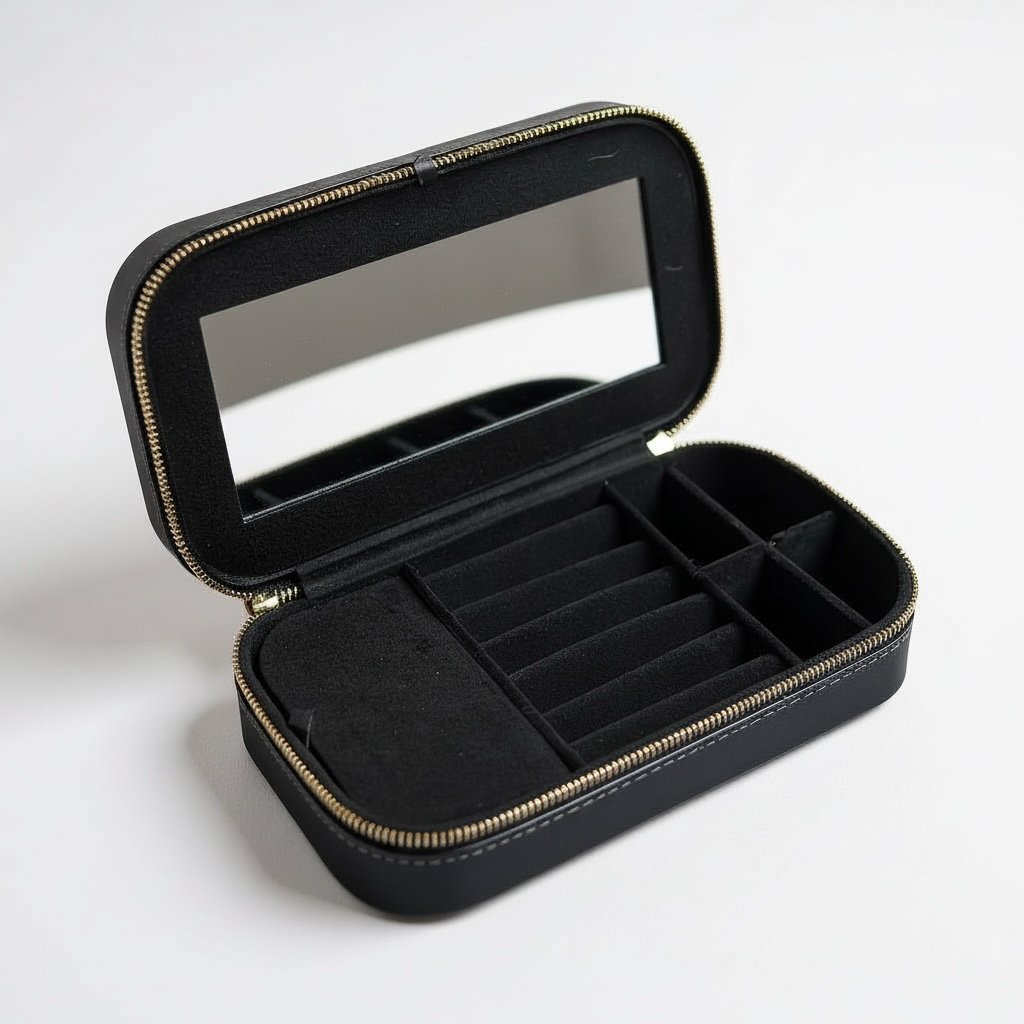 Lux Ribbed Rectangular Black Travel Jewellery Box