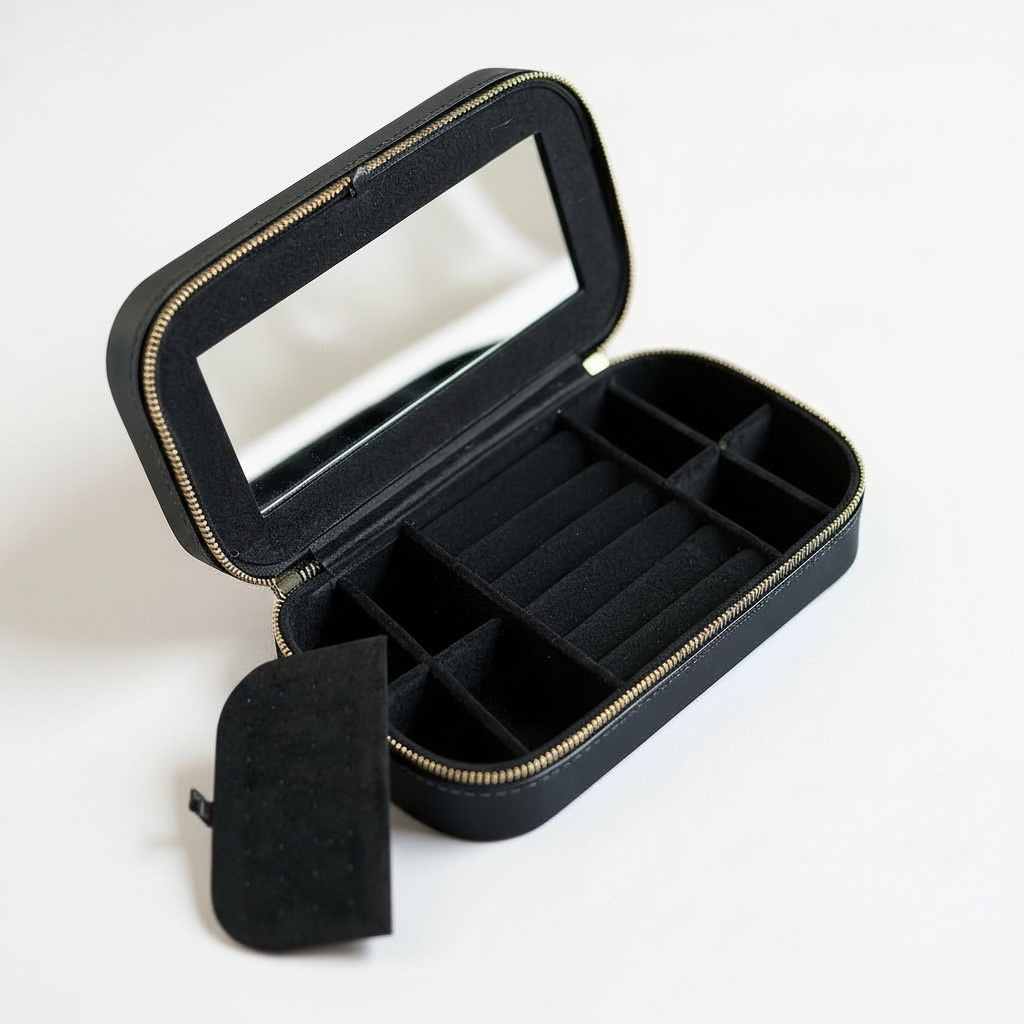 Lux Ribbed Rectangular Black Travel Jewellery Box