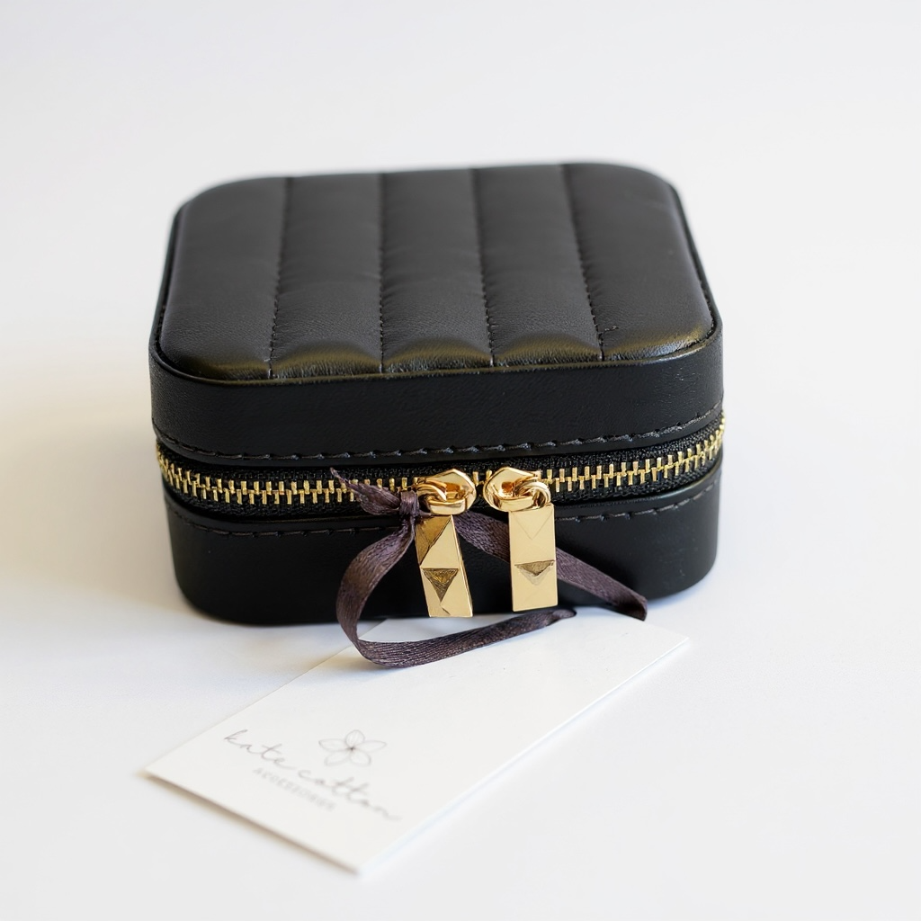 Lux Ribbed Square Black Travel Jewellery Box