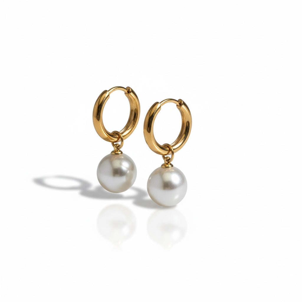 Pearl Hoop Earrings - Stainless Steel Gold Plate