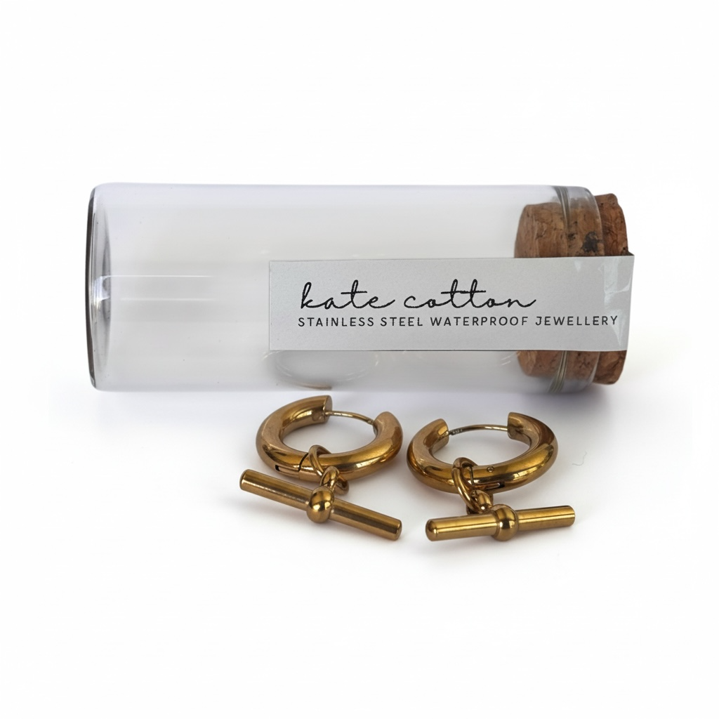 T Bar Hoop Earrings - Stainless Steel Gold Plate