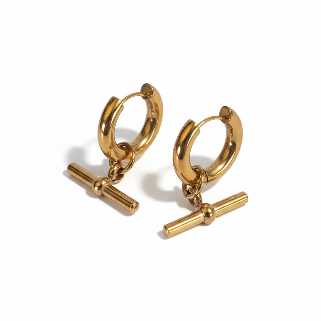 T Bar Hoop Earrings - Stainless Steel Gold Plate