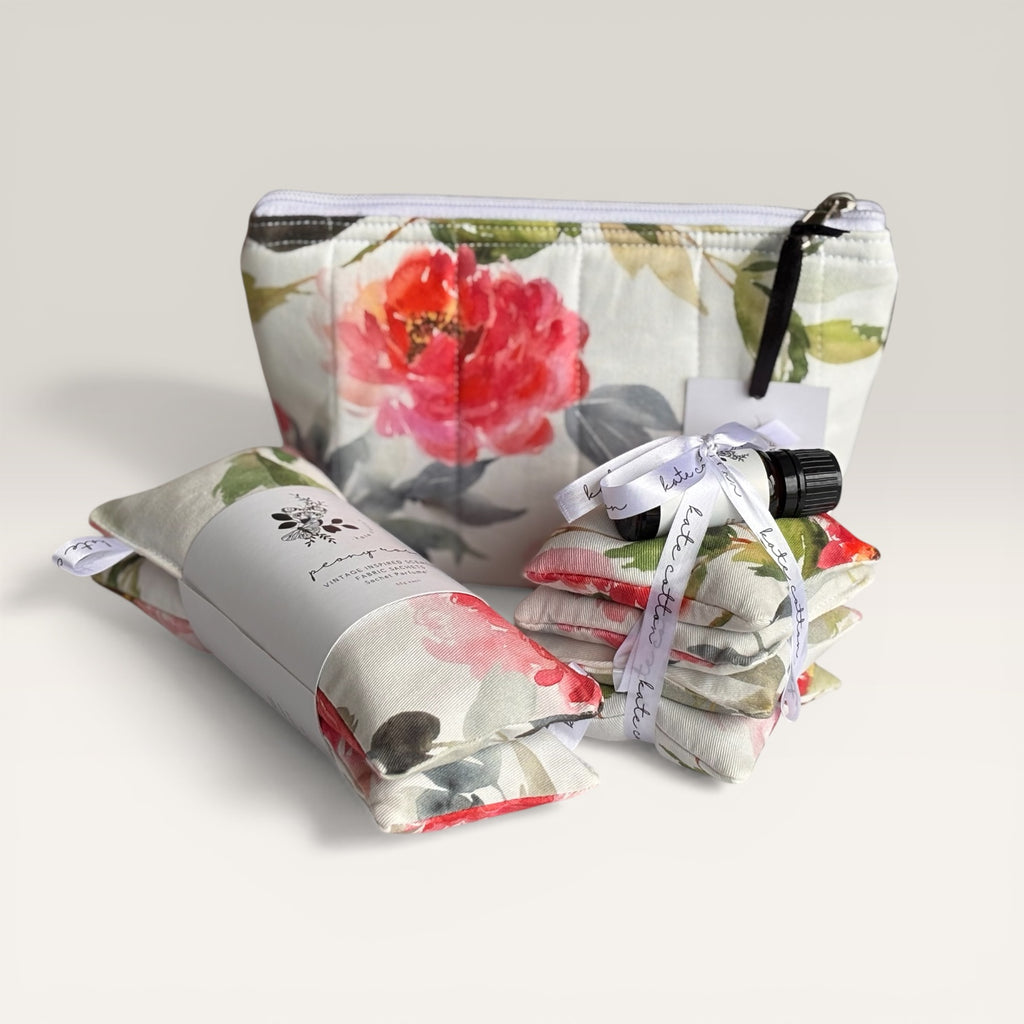 kate cotton peony pink gift set | cosmetic bag, scented sachets & fragrance oil