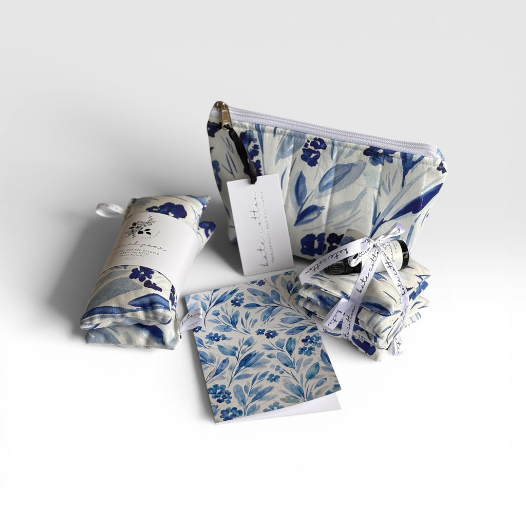 kate cotton french blue gift set | cosmetic bag, scented sachets & fragrance Oil