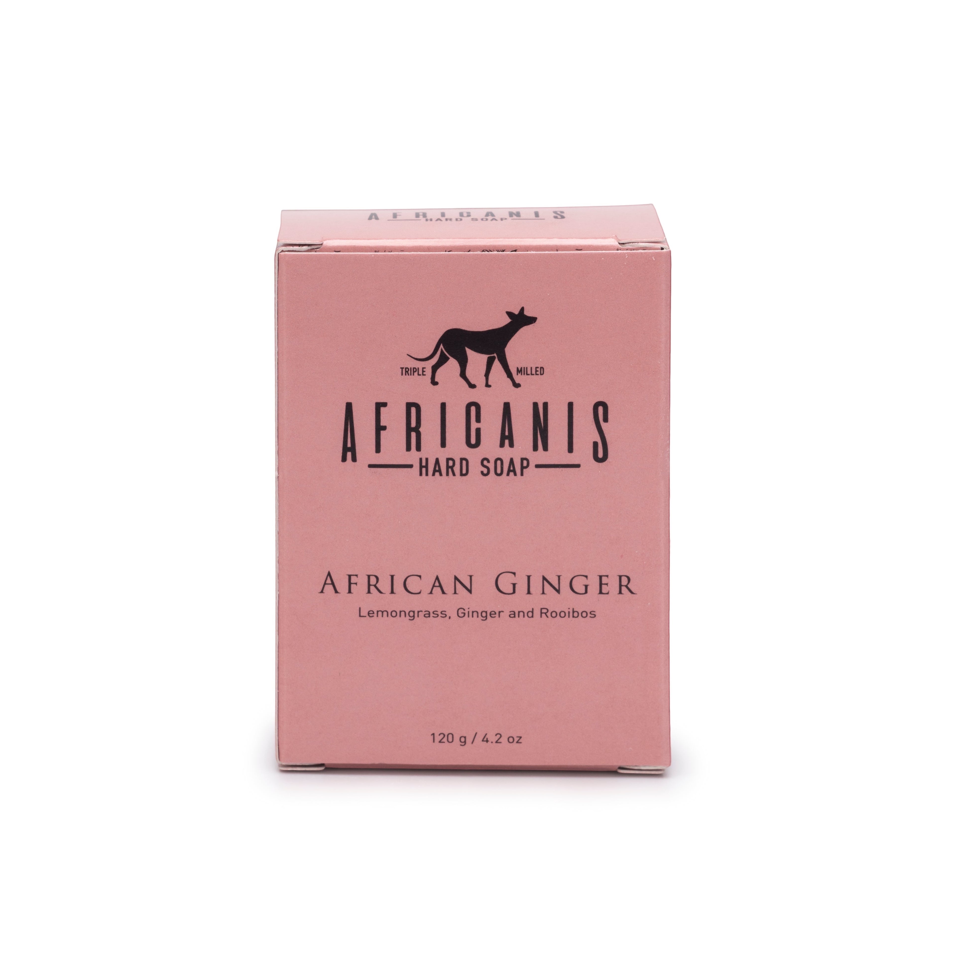 Home-Industry South Africa AFRICANIS African Ginger triple-milled hard soap bar in a dusty pink box.