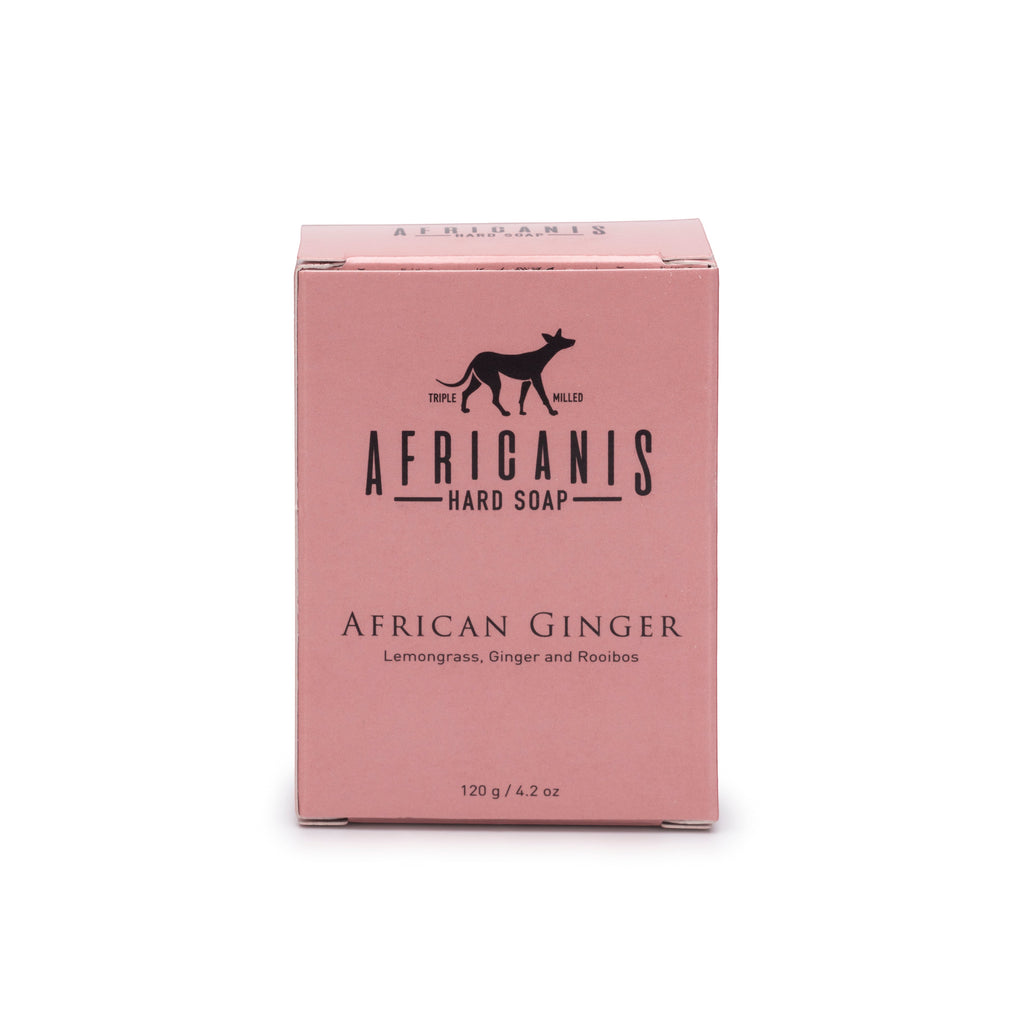 Home-Industry South Africa Africanis African Ginger hard soap bar in a pink cardboard box with botanical ingredients