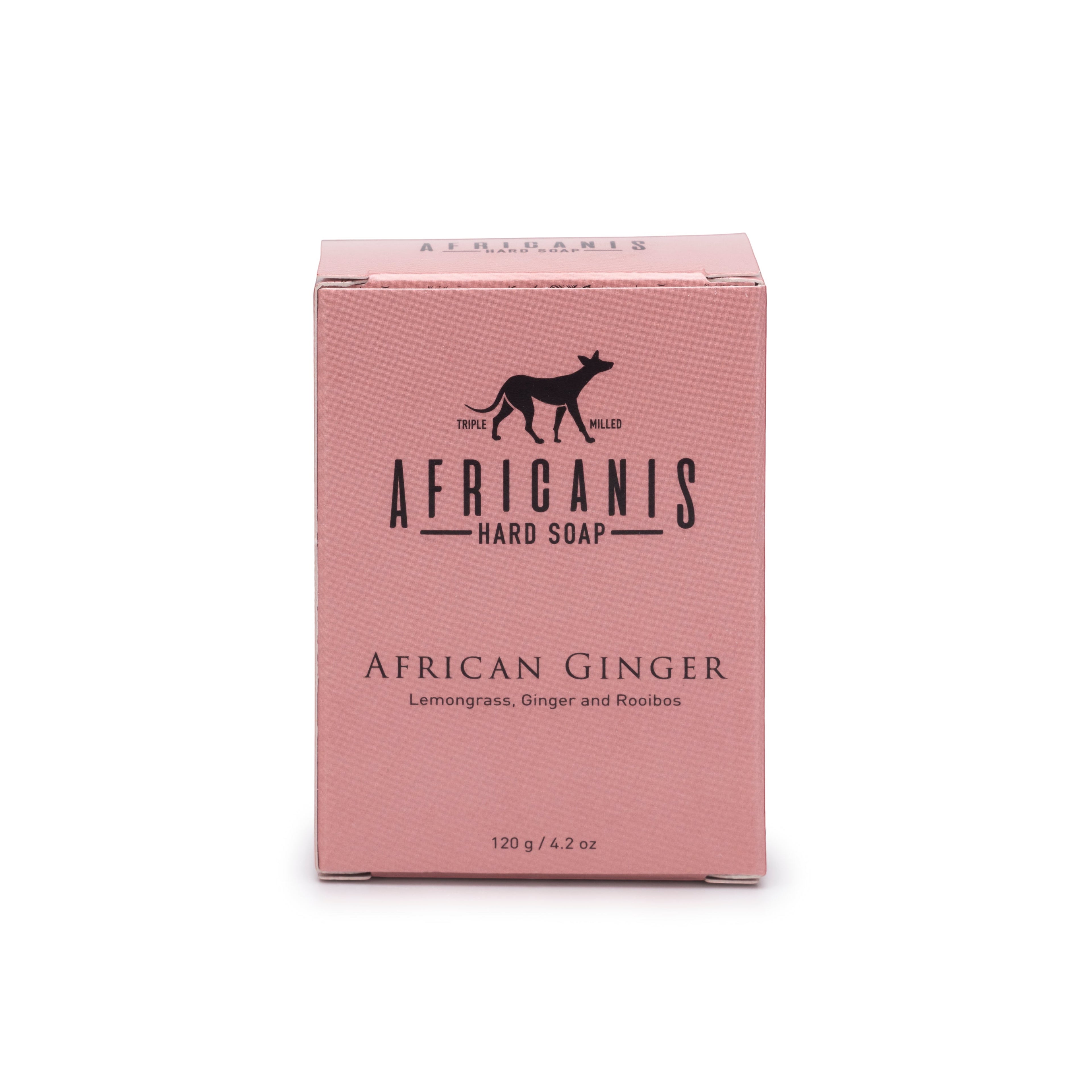 Home-Industry South Africa Africanis African Ginger hard soap bar in a pink cardboard box with botanical ingredients