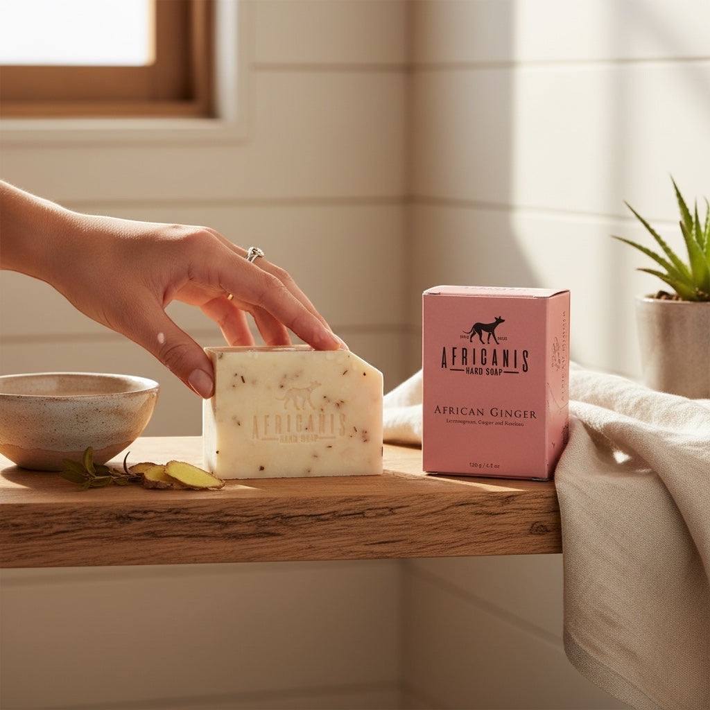 Home-Industry South Africa AFRICANIS African Ginger hard soap bar with botanical particles next to its pink box.