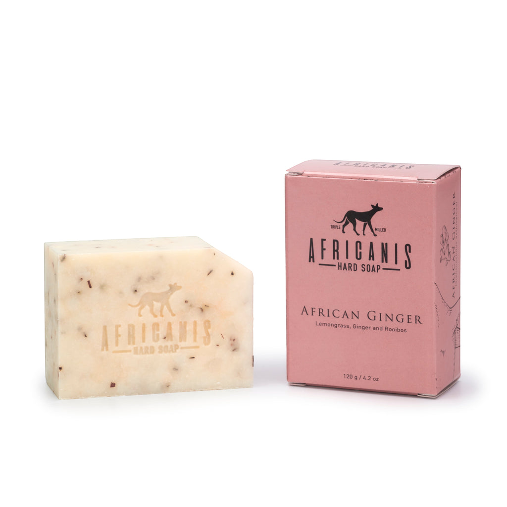 Home-Industry South Africa AFRICANIS African Ginger hard soap bar with botanical particles and matching pink box