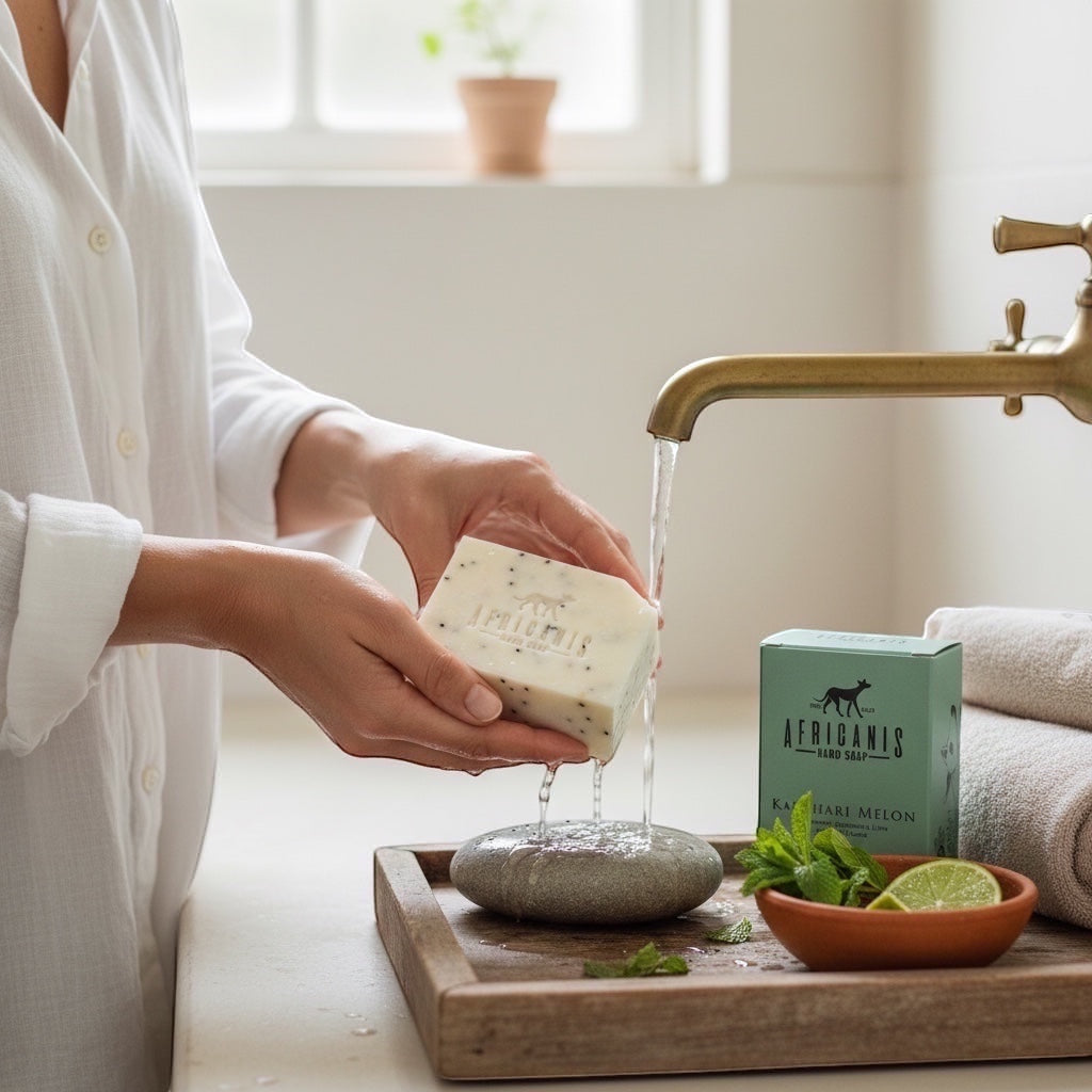 Home-Industry South Africa Africanis hard soap bar with Kalahari melon and mint being rinsed under a bathroom faucet.
