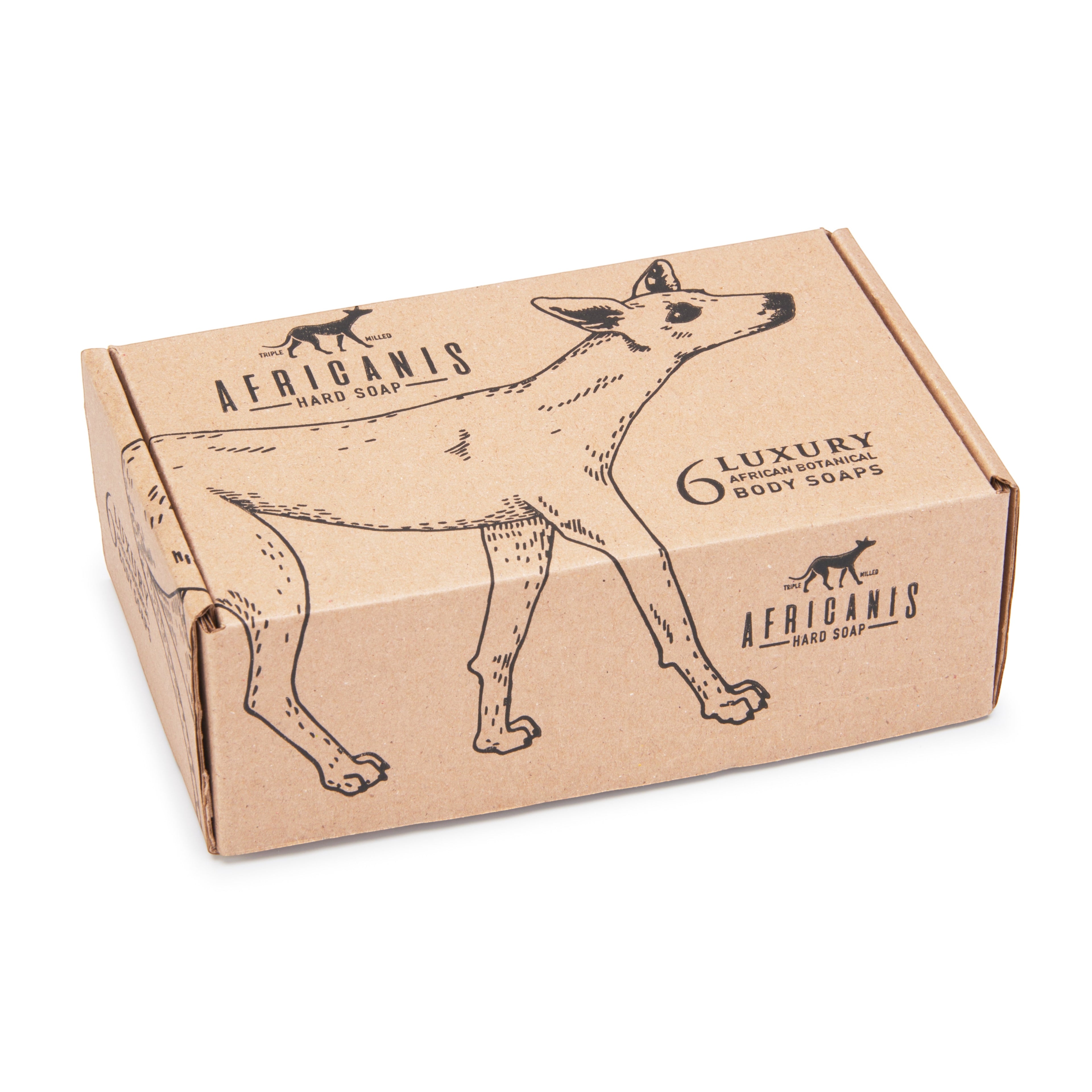 Home-Industry South Africa Africanis hard soap gift box containing six natural botanical vegan soap bars.