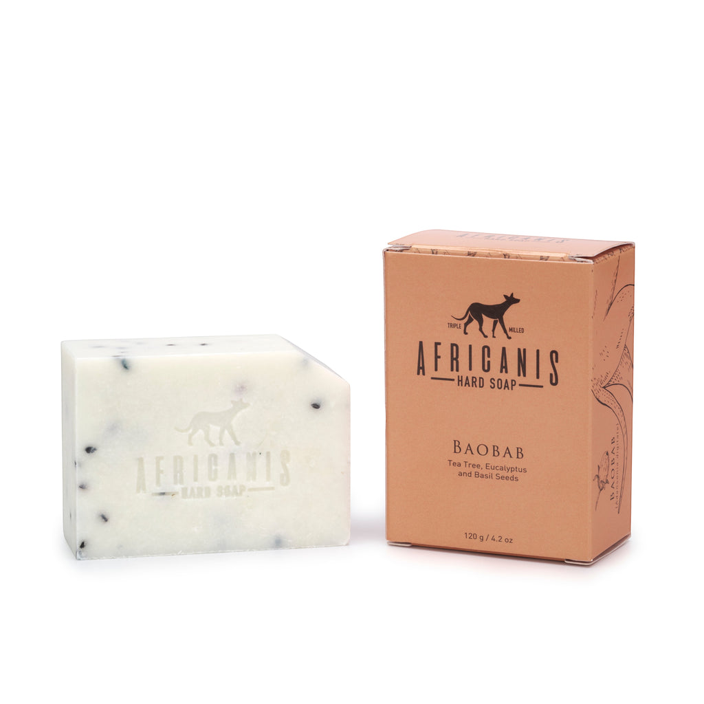 Home-Industry South Africa Africanis baobab hard soap bar with its branded cardboard packaging box