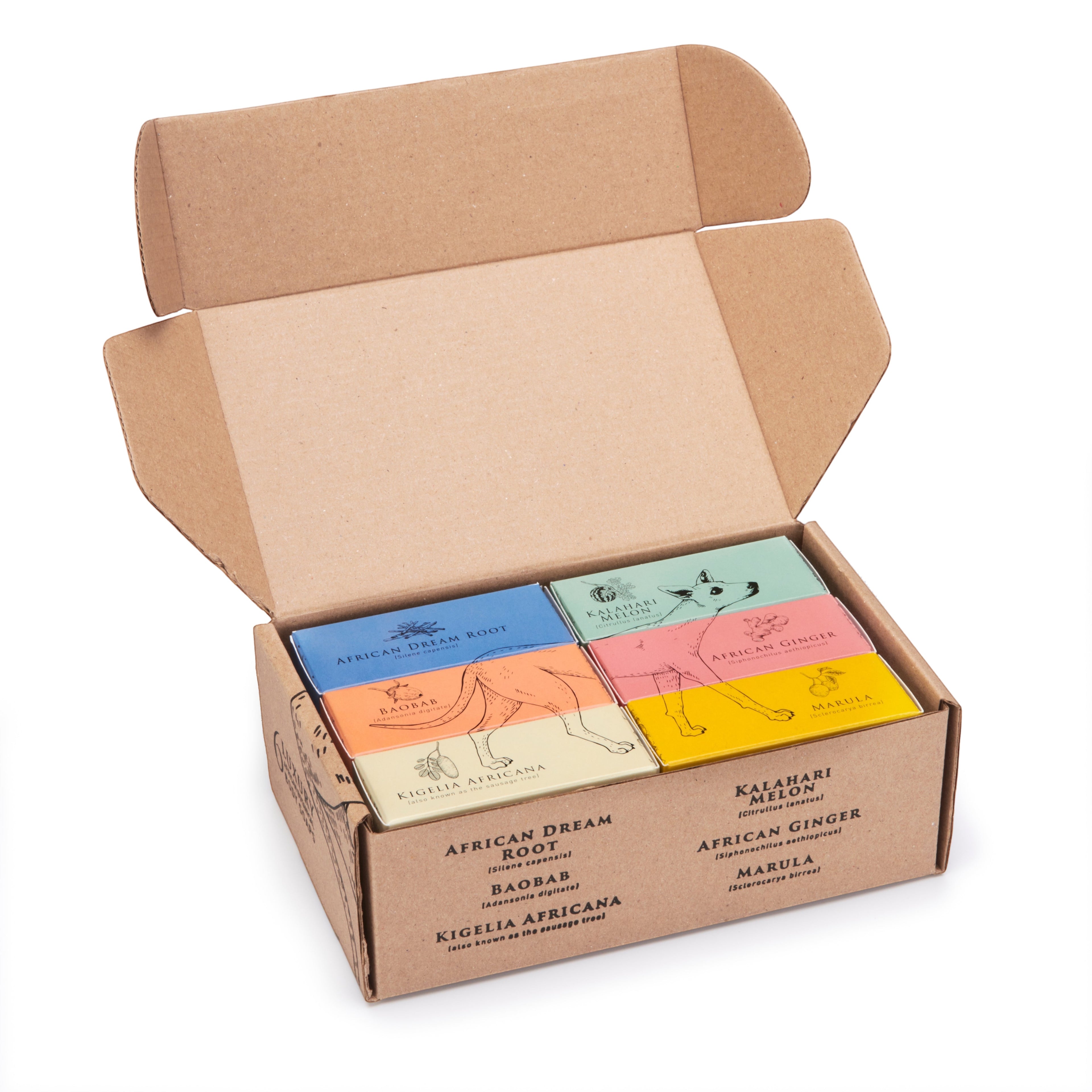 Home-Industry South Africa gift box containing six handmade, vegan, cold-pressed botanical hard soaps in vibrant colors.