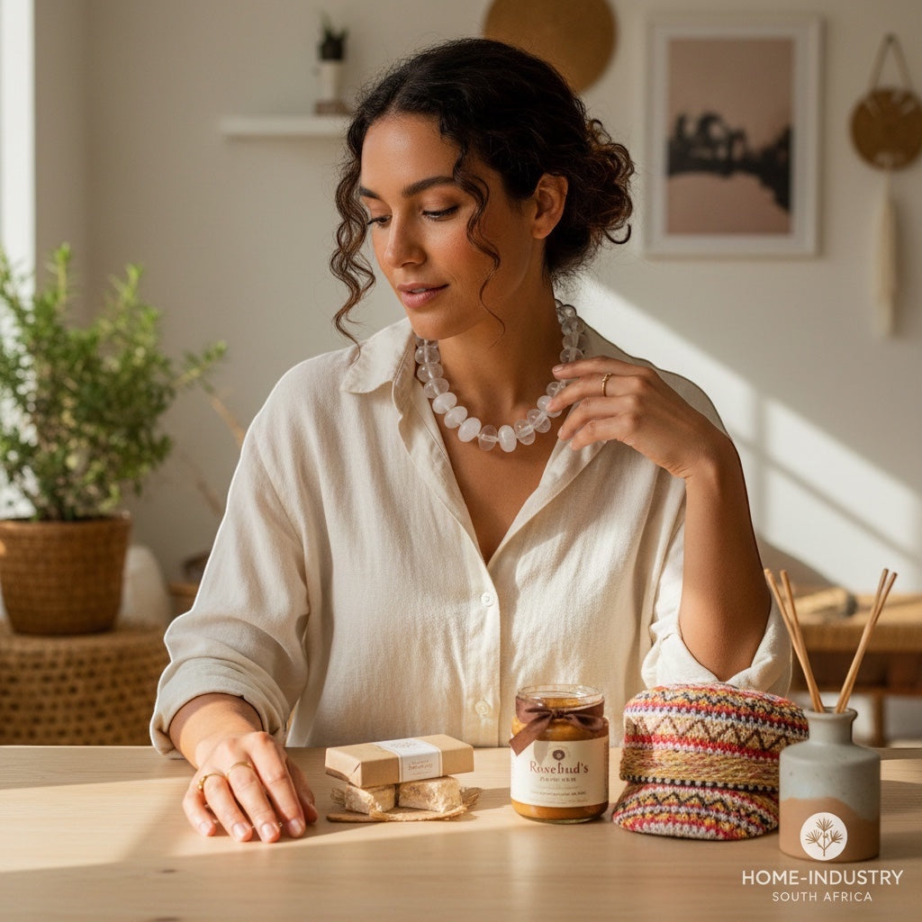 Home-Industry South Africa woman wearing a clear quartz resin bead necklace with glossy, irregular beads.