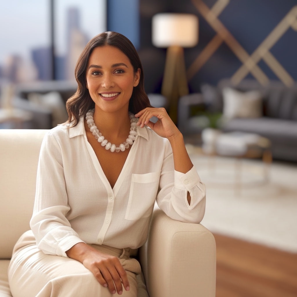 Home-Industry South Africa woman wearing a clear quartz resin bead necklace, 50cm long.